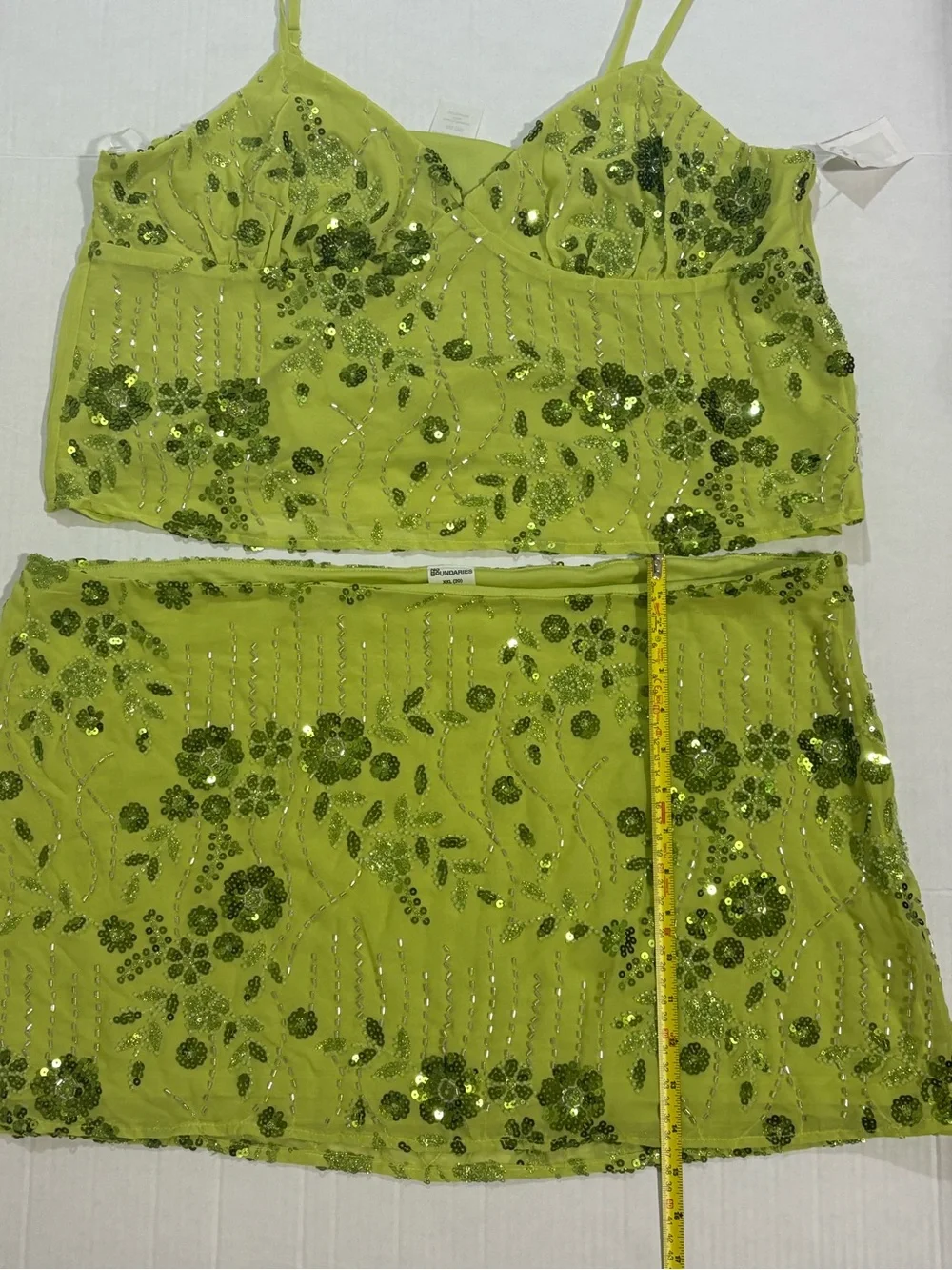 No Boundaries Lime Green Sequin Floral Crop Top & Mini Skirt Set